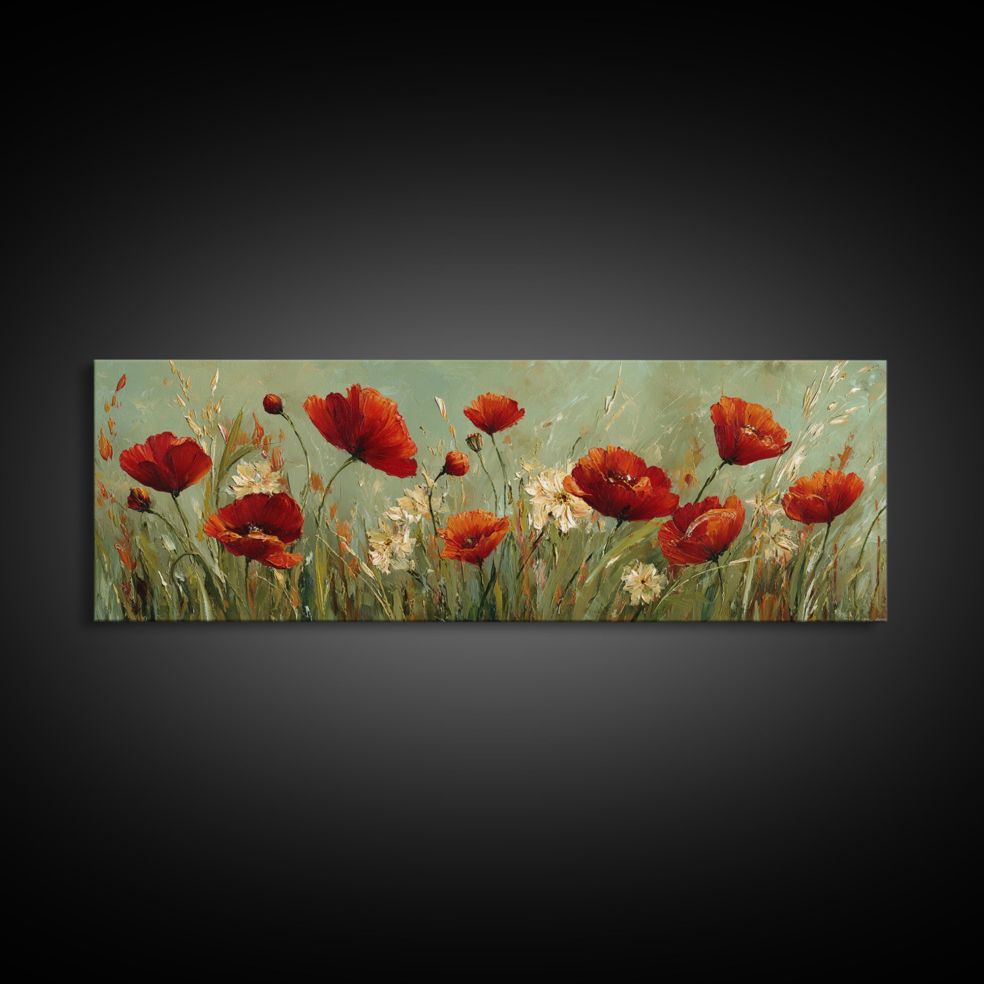 Poppies Blowing Through Green Grass Canvas Print, Impressionist Art, Landscape Painting, Living Room Decor, Watercolor Art, IMP-3x1-4