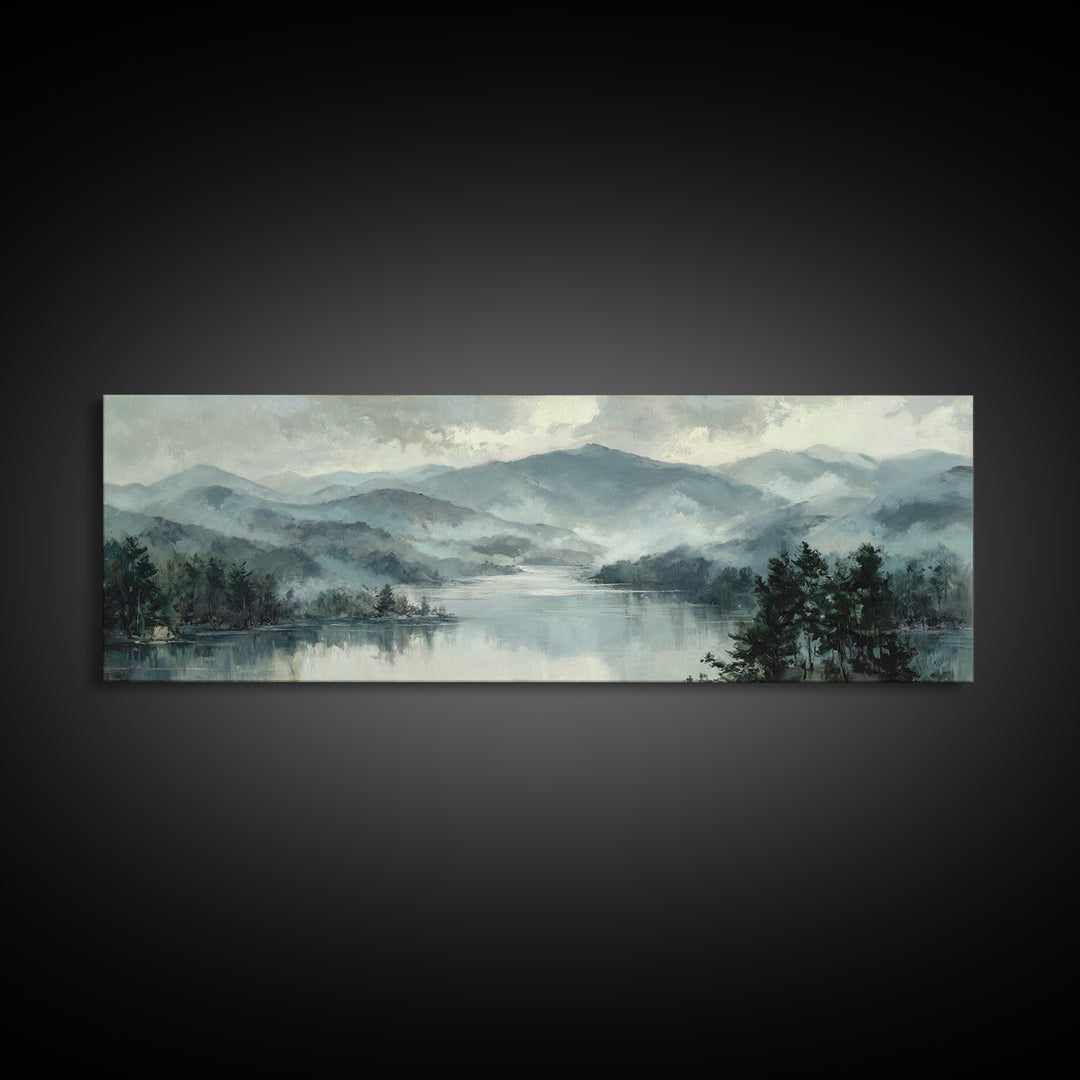 Mountain Lake with Sparkling Reflections Canvas Print, Impressionist Art, Neutral Decor, Living Room Decor, Oil Painting, IMP-3x1-40