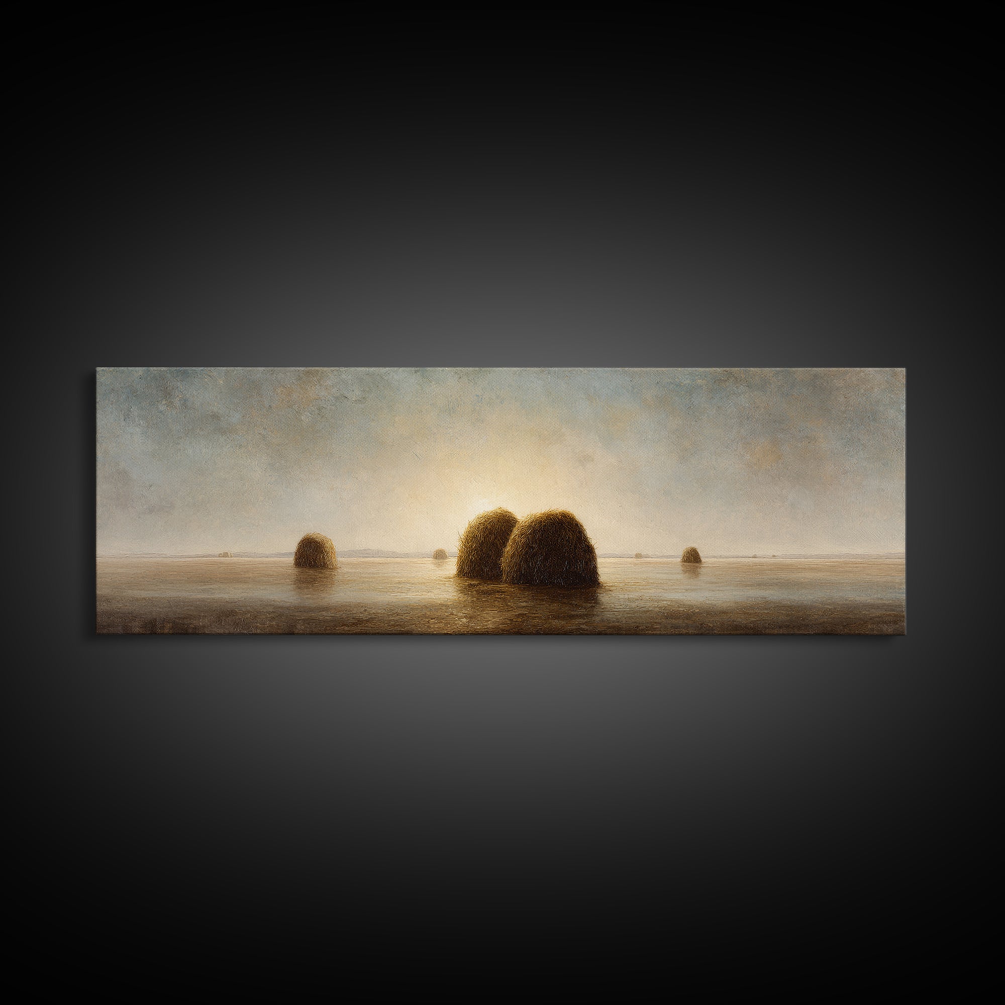 Haystacks Glowing at Golden Hour Framed Canvas Print, Impressionist Art, Modern Decor, Living Room Decor, Fine Art, Impression, IMP-3x1-44
