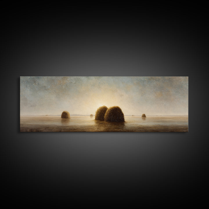Haystacks Glowing at Golden Hour Framed Canvas Print, Impressionist Art, Modern Decor, Living Room Decor, Fine Art, Impression, IMP-3x1-44