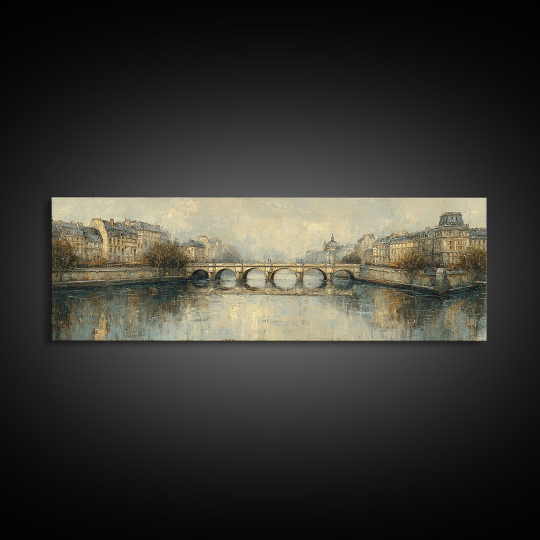 Paris Bridge Reflected Framed Canvas Print, Impressionist Art, Oil Painting, Living Room Decor, Impression, Coastal Wall Art, IMP-3x1-47