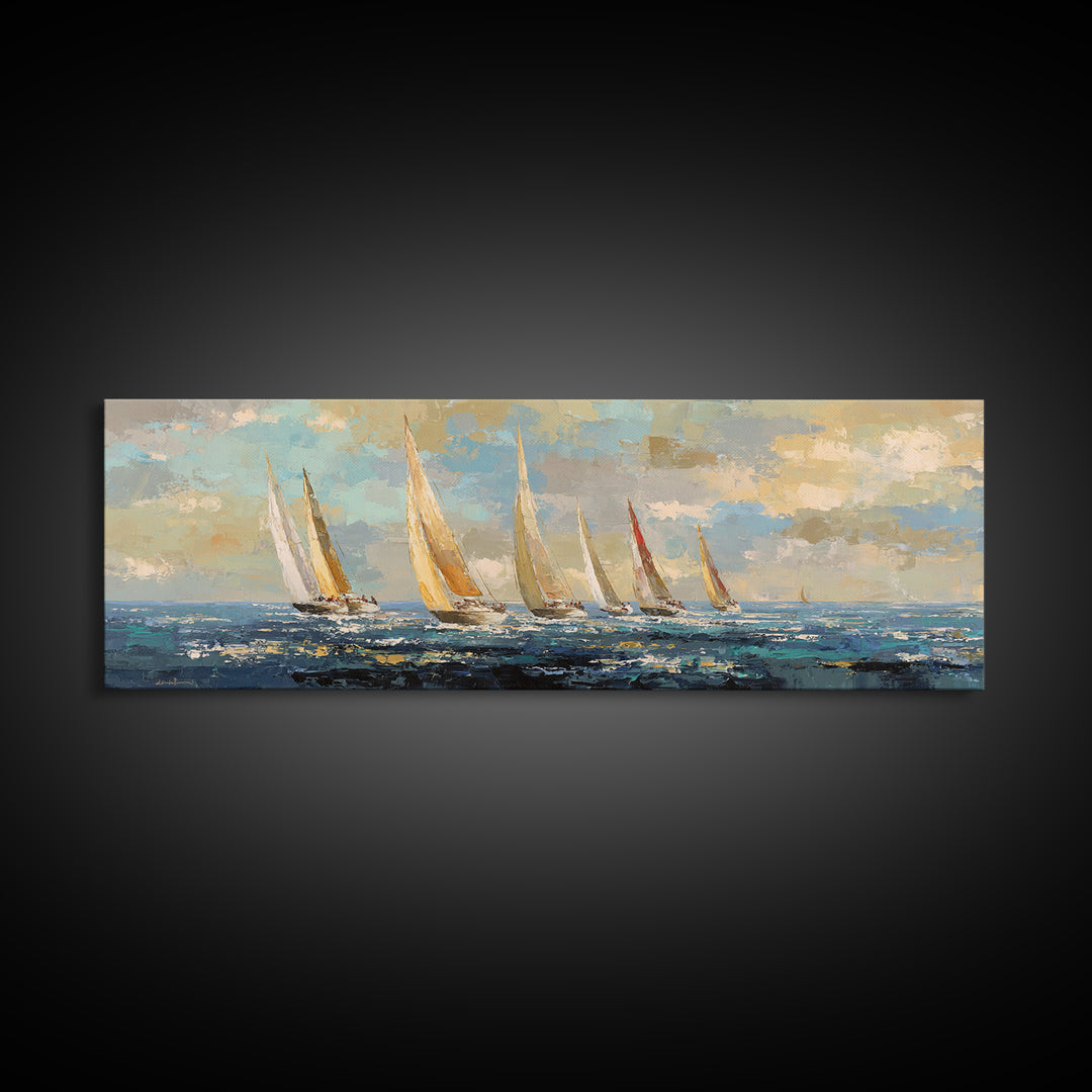 Sailboats on a Bright Sparkling Harbor Canvas Print, Impressionist Art, Landscape Art, Living Room Decor, Abstract Art, IMP-3x1-49
