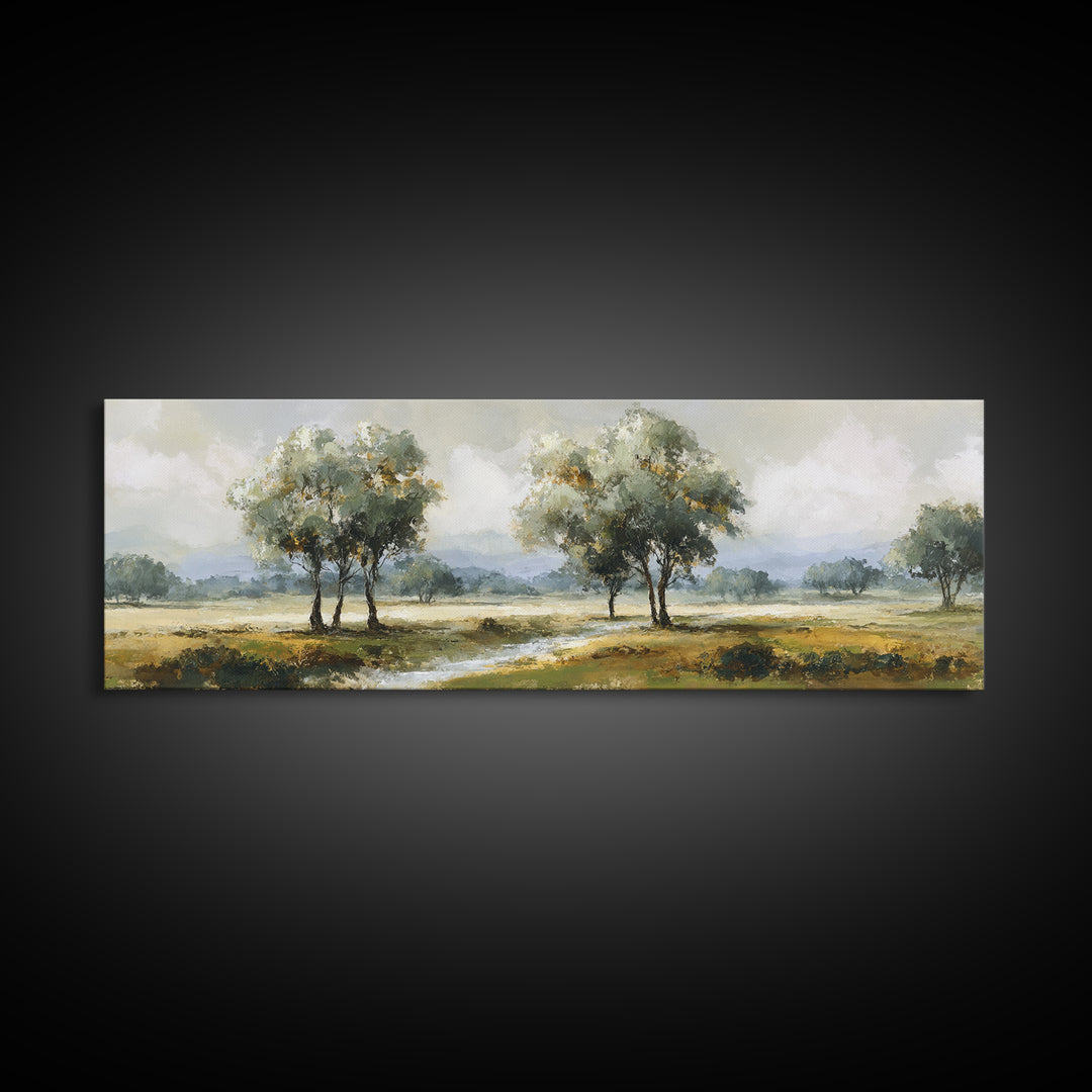 Misty Riverbank with Willow Trees Framed Canvas Print, Impressionist Art, Large Wall Art, Living Room Decor, Impression, IMP-3x1-51
