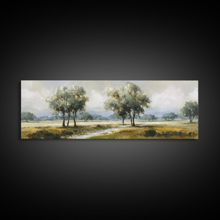 Misty Riverbank with Willow Trees Framed Canvas Print, Impressionist Art, Large Wall Art, Living Room Decor, Impression, IMP-3x1-51