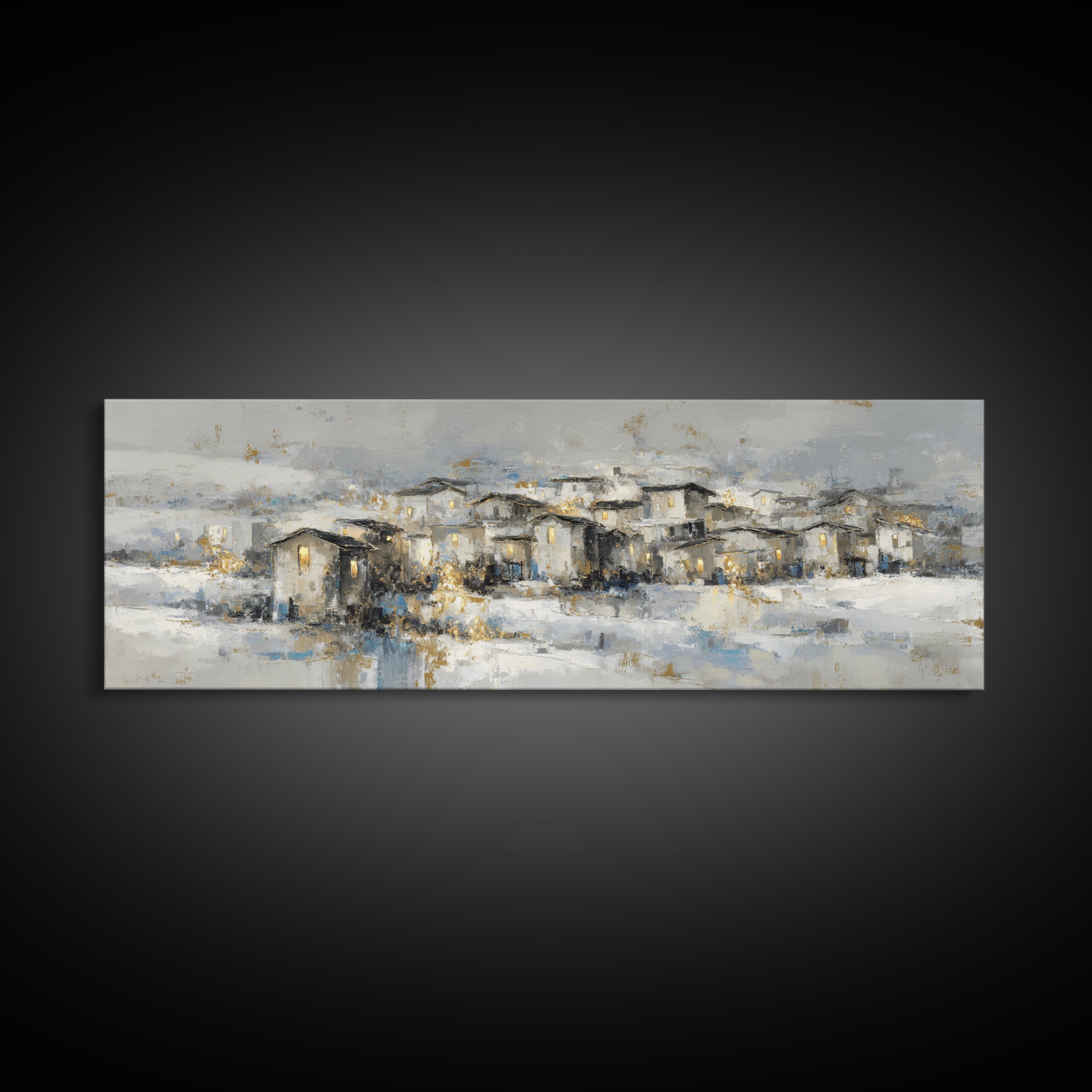 Snowy Village with Warm Glowing Windows Canvas Print, Impressionist Art, Colorful Wall Art, Living Room Decor, Impression, IMP-3x1-53