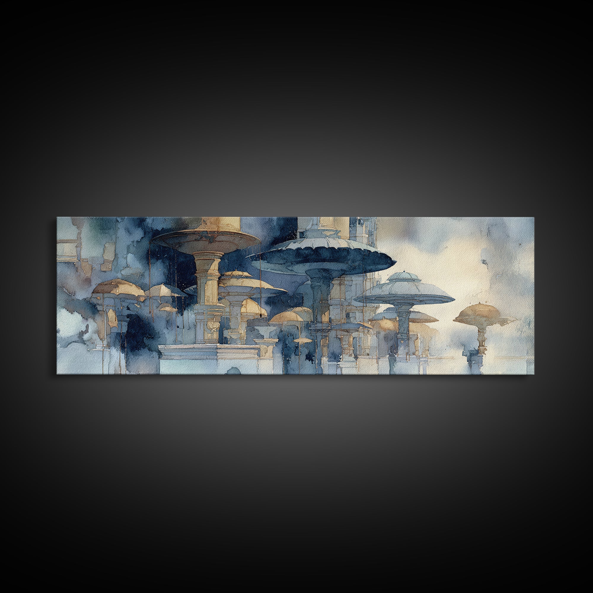 Rainy Boulevard with Umbrella Shapes Canvas Print, Impressionist Art, Living Room Art, Living Room Decor, Abstract Art, IMP-3x1-61