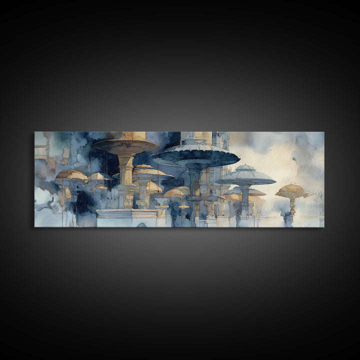 Rainy Boulevard with Umbrella Shapes Canvas Print, Impressionist Art, Living Room Art, Living Room Decor, Abstract Art, IMP-3x1-61