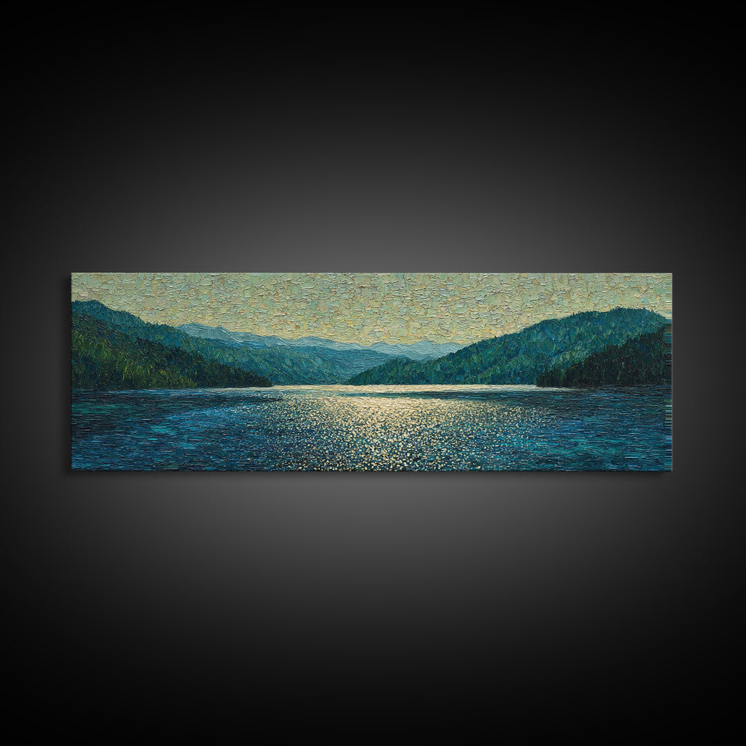 Mountain Lake with Sparkling Reflections Framed Canvas Print, Impressionist Art, Luxury Decor, Living Room Decor, Impression, IMP-3x1-64