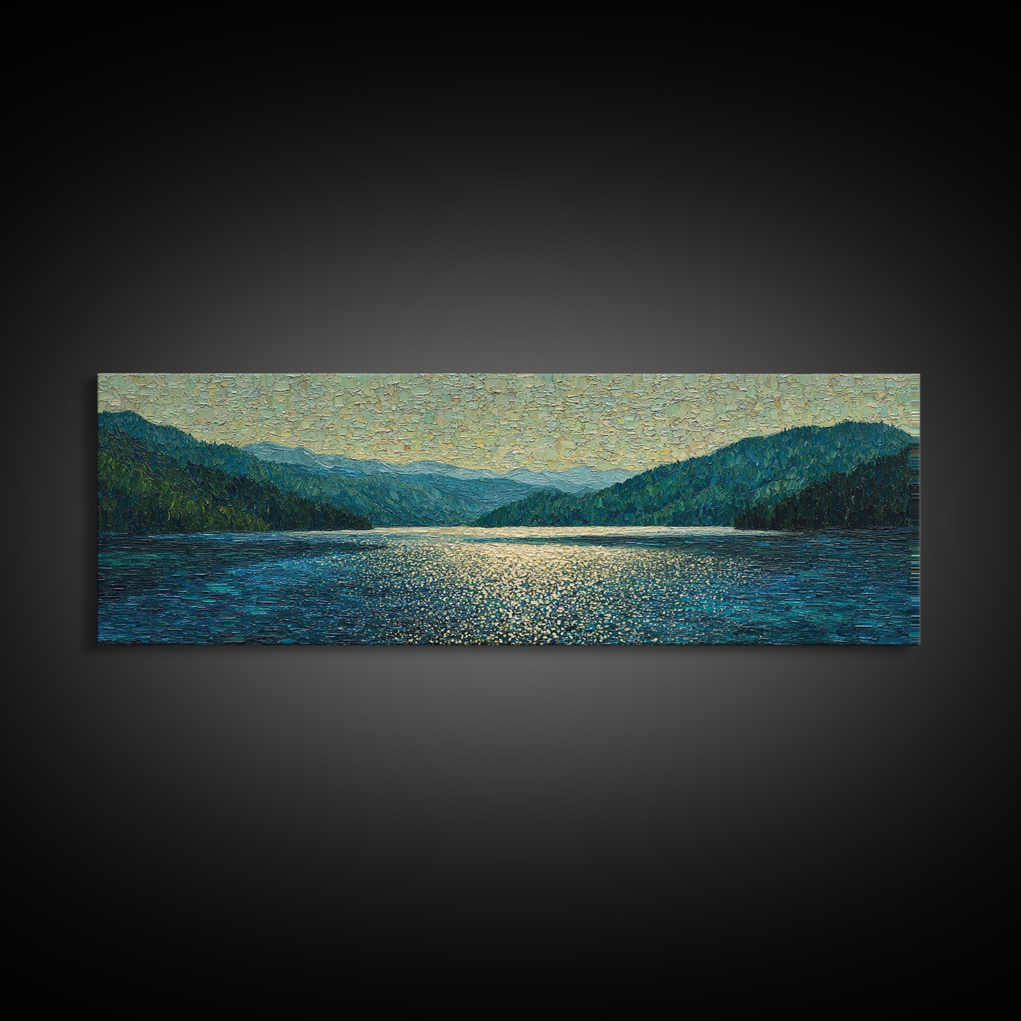 Mountain Lake with Sparkling Reflections Framed Canvas Print, Impressionist Art, Luxury Decor, Living Room Decor, Impression, IMP-3x1-64