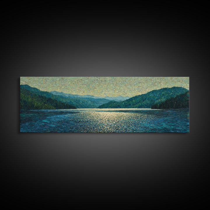 Mountain Lake with Sparkling Reflections Framed Canvas Print, Impressionist Art, Luxury Decor, Living Room Decor, Impression, IMP-3x1-64