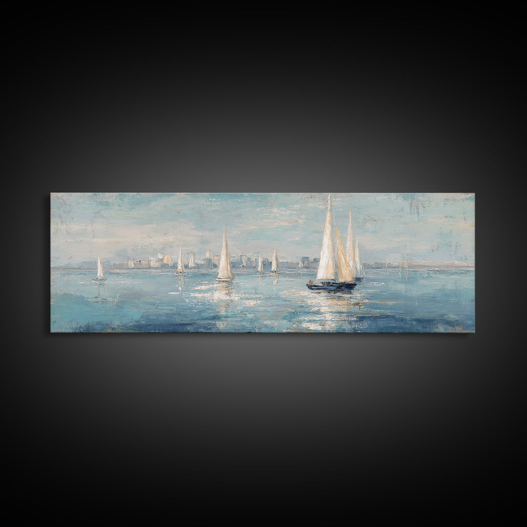 Sailboats on a Bright Sparkling Harbor Framed Canvas Print, Impressionist Art, Neutral Decor, Living Room Decor, Impression, IMP-3x1-73