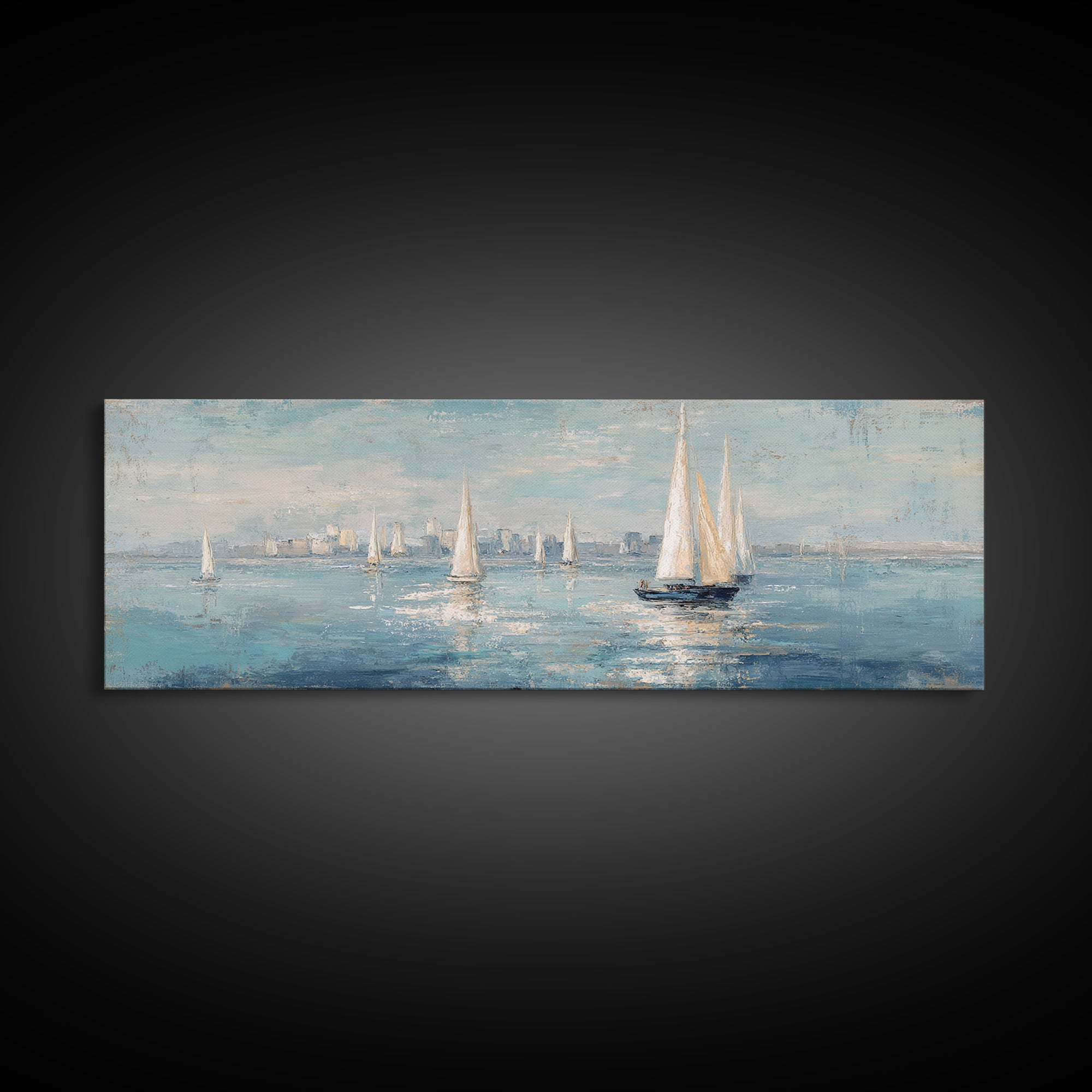 Sailboats on a Bright Sparkling Harbor Framed Canvas Print, Impressionist Art, Neutral Decor, Living Room Decor, Impression, IMP-3x1-73