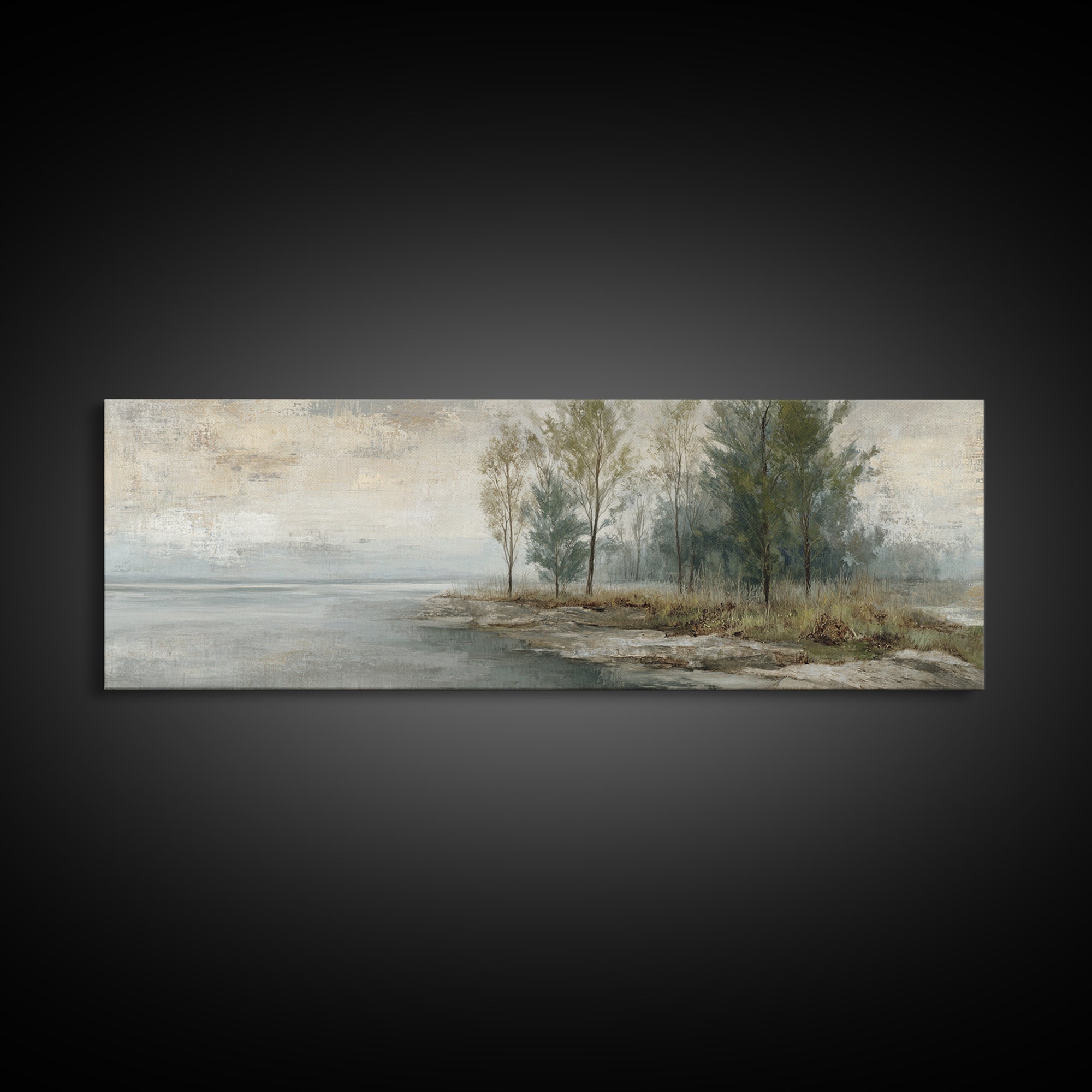 Misty Riverbank with Willow Trees Canvas Print, Impressionist Art, Living Room Decor, Fine Art, Impression, Landscape Art, IMP-3x1-75