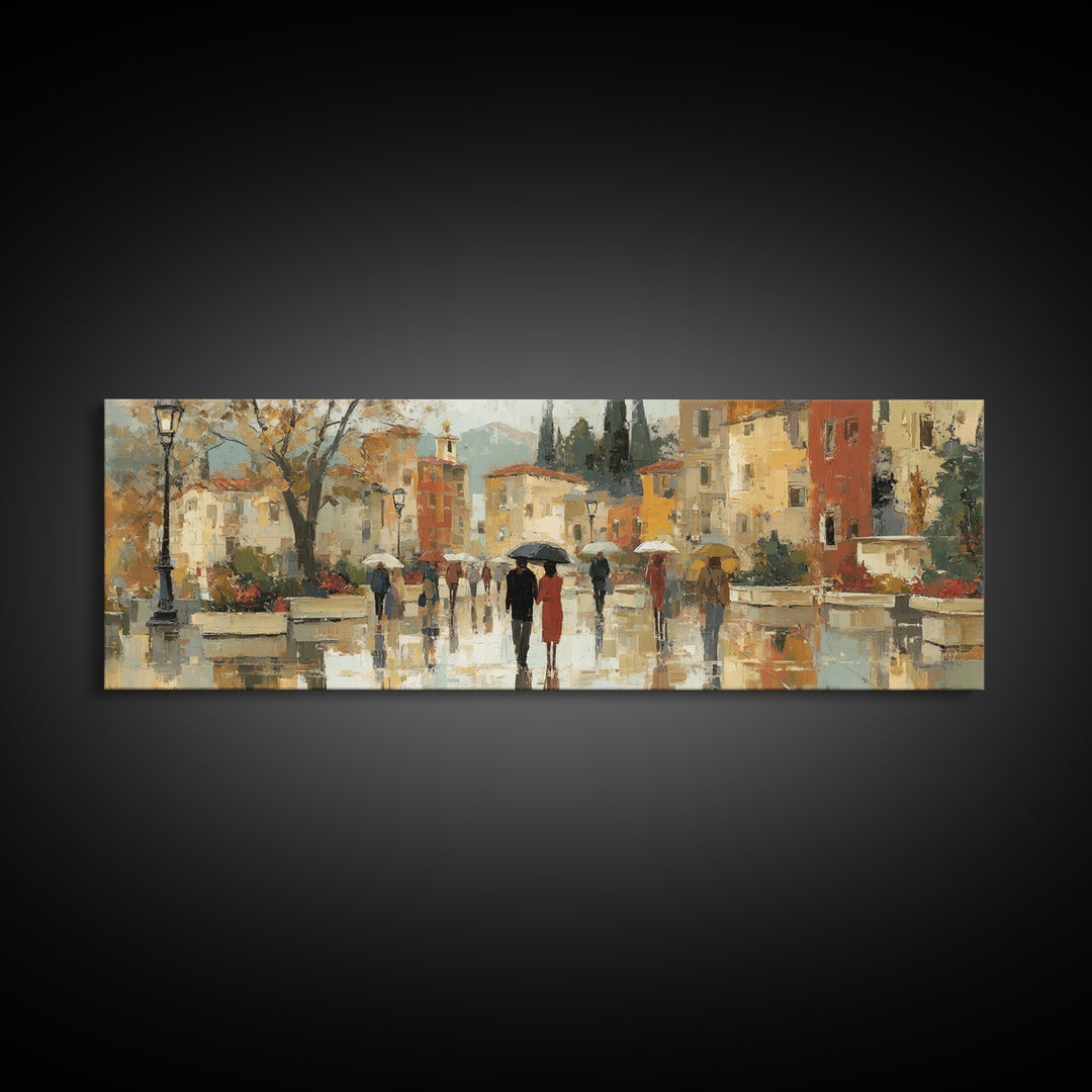Rainy Boulevard with Umbrella Shapes Canvas Print, Impressionist Art, Living Room Art, Living Room Decor, Abstract Art, IMP-3x1-85