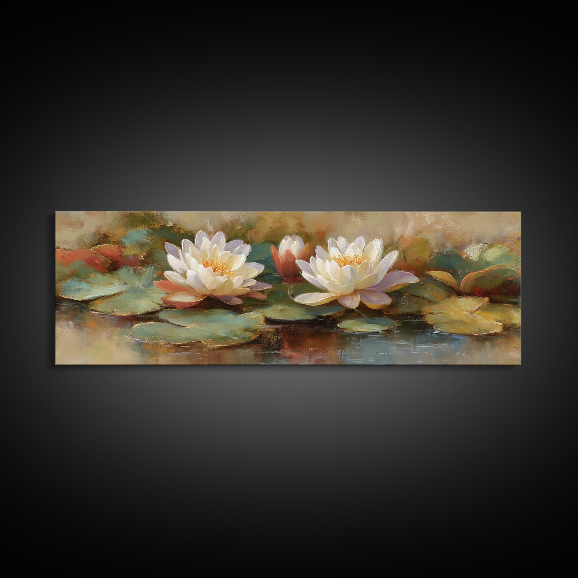Water Lilies Floating on a Sunlit Pond Framed Canvas Print, Impressionist Art, Boho Decor, Living Room Decor, Oil Painting, IMP-3x1-89