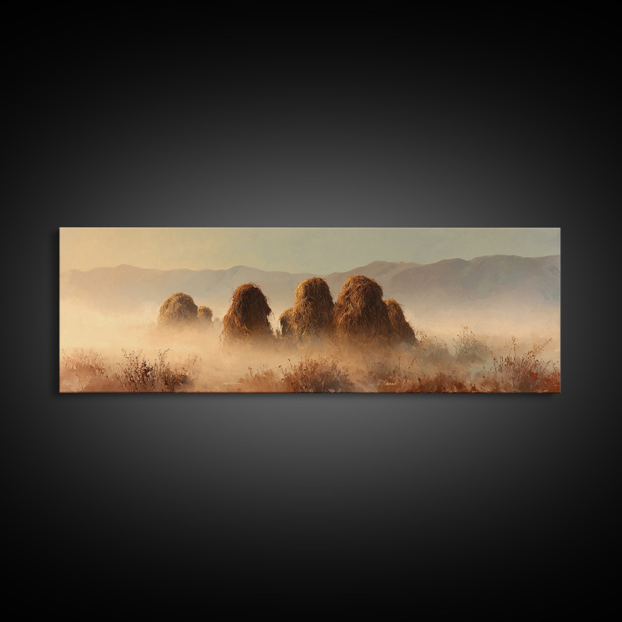 Haystacks Glowing at Golden Hour Canvas Print, Impressionist Art, Oil Painting, Living Room Decor, Impression, Coastal Wall Art, IMP-3x1-92