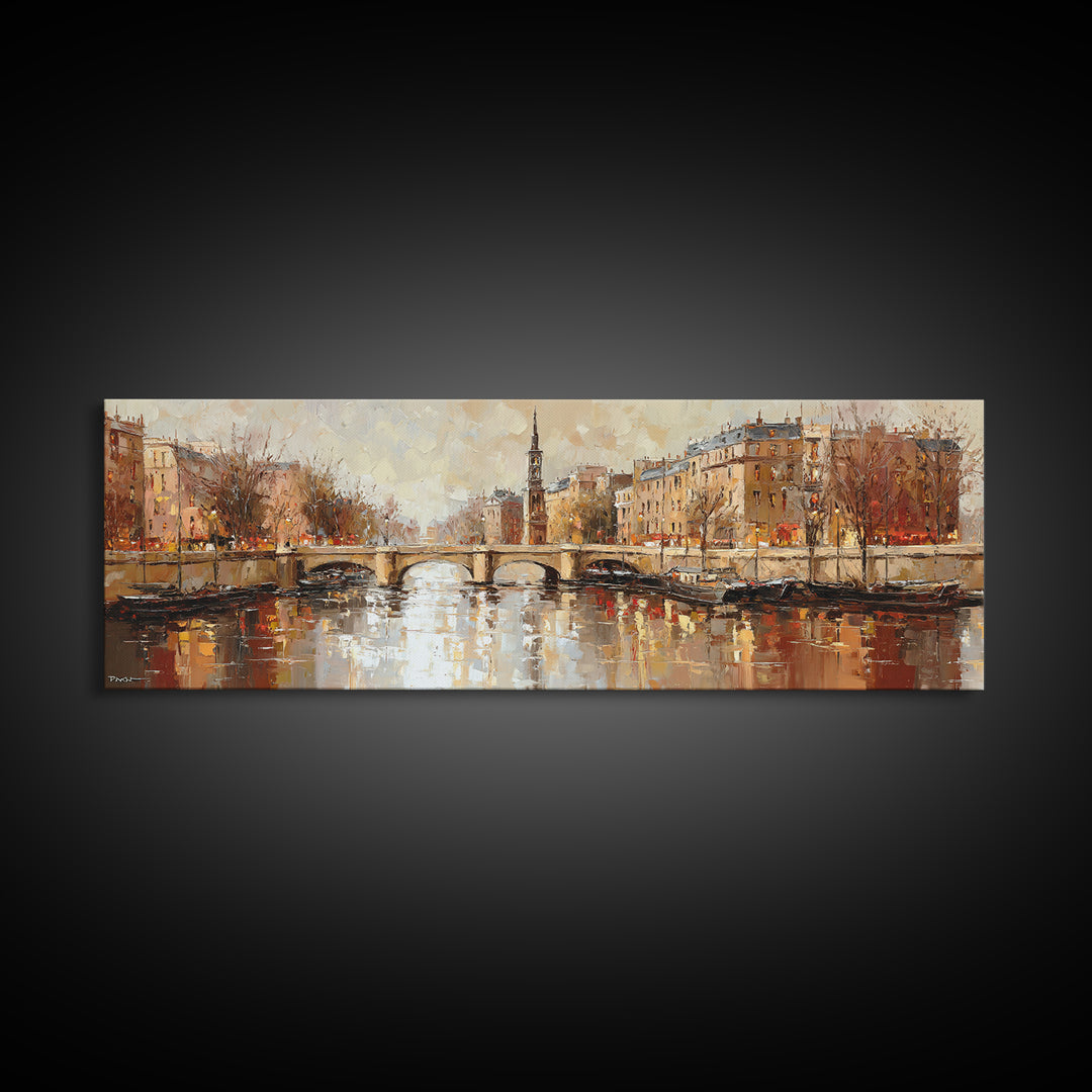 Paris Bridge Reflected Canvas Print, Impressionist Art, Oil Painting, Living Room Decor, Impression, Coastal Wall Art, IMP-3x1-95