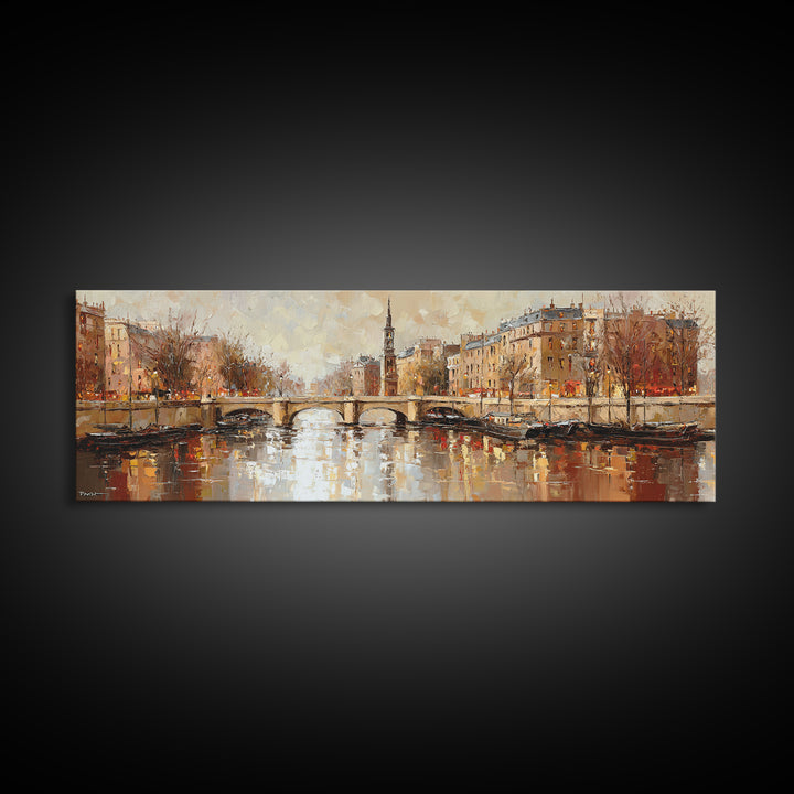 Paris Bridge Reflected Canvas Print, Impressionist Art, Oil Painting, Living Room Decor, Impression, Coastal Wall Art, IMP-3x1-95