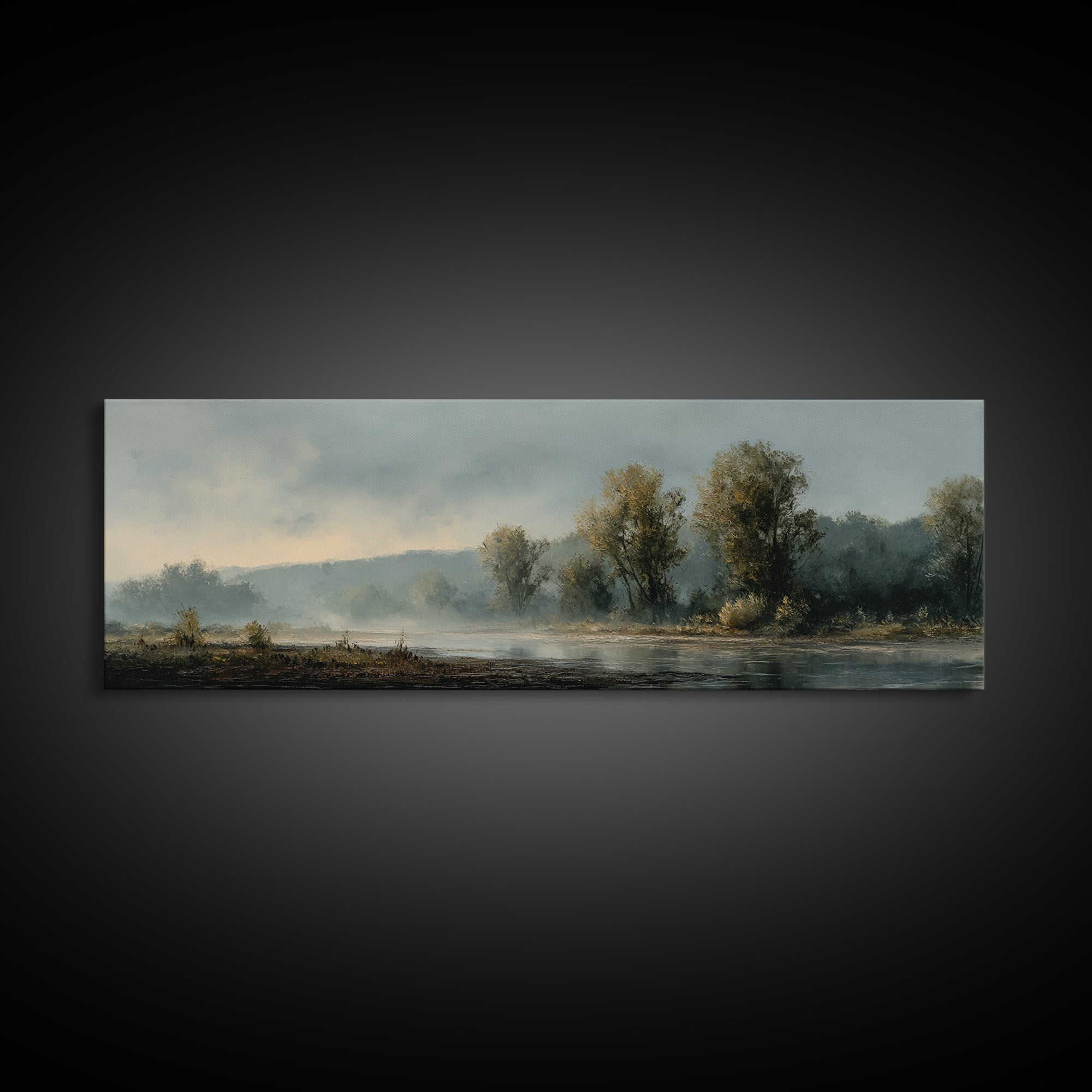 Misty Riverbank with Willow Trees Framed Canvas Print, Impressionist Art, Large Wall Art, Living Room Decor, Impression, IMP-3x1-99