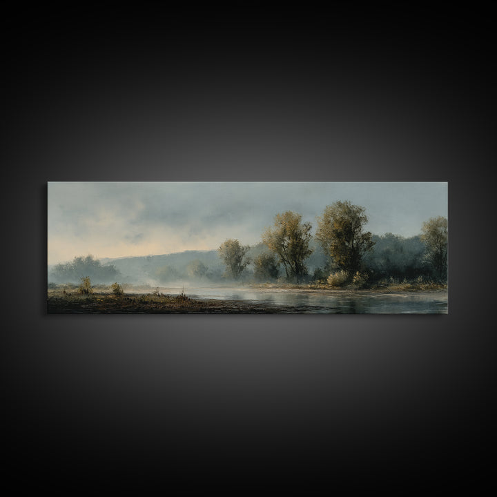 Misty Riverbank with Willow Trees Framed Canvas Print, Impressionist Art, Large Wall Art, Living Room Decor, Impression, IMP-3x1-99