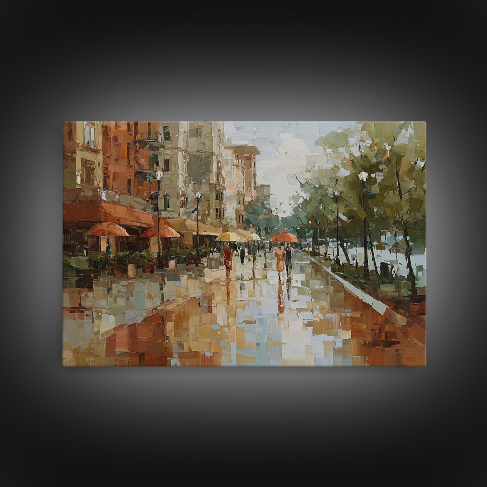Rainy Boulevard with Umbrella Shapes Canvas Print, Impressionist Art, Abstract Painting, Living Room Decor, Abstract Art, IMP-3x2-1