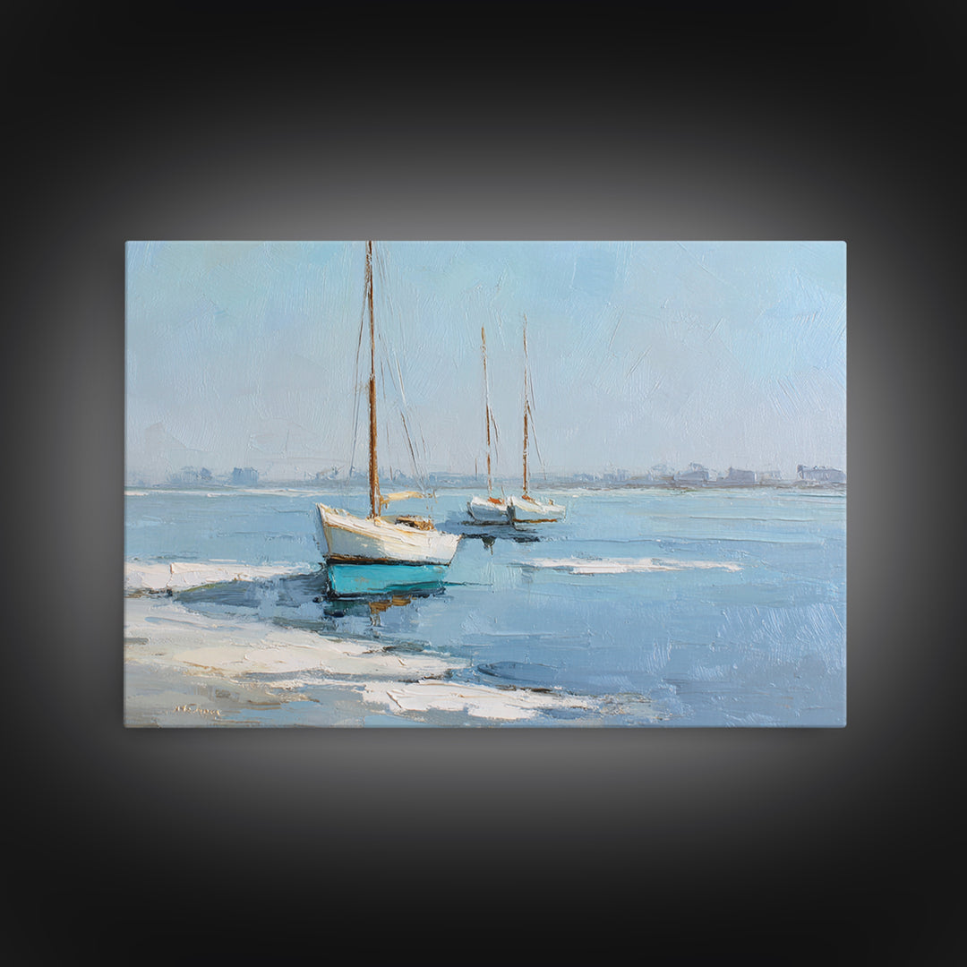Sailboats on a Bright Sparkling Harbor Canvas Print, Impressionist Art, Landscape Painting, Living Room Decor, Impression, IMP-3x2-13