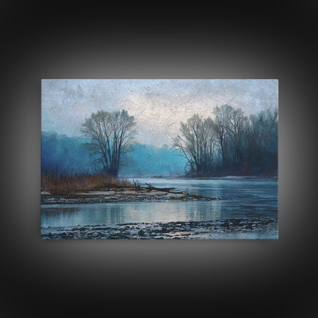 Misty Riverbank with Willow Trees Framed Canvas Print, Impressionist Art, Coastal Wall Art, Living Room Decor, Impression, IMP-3x2-15