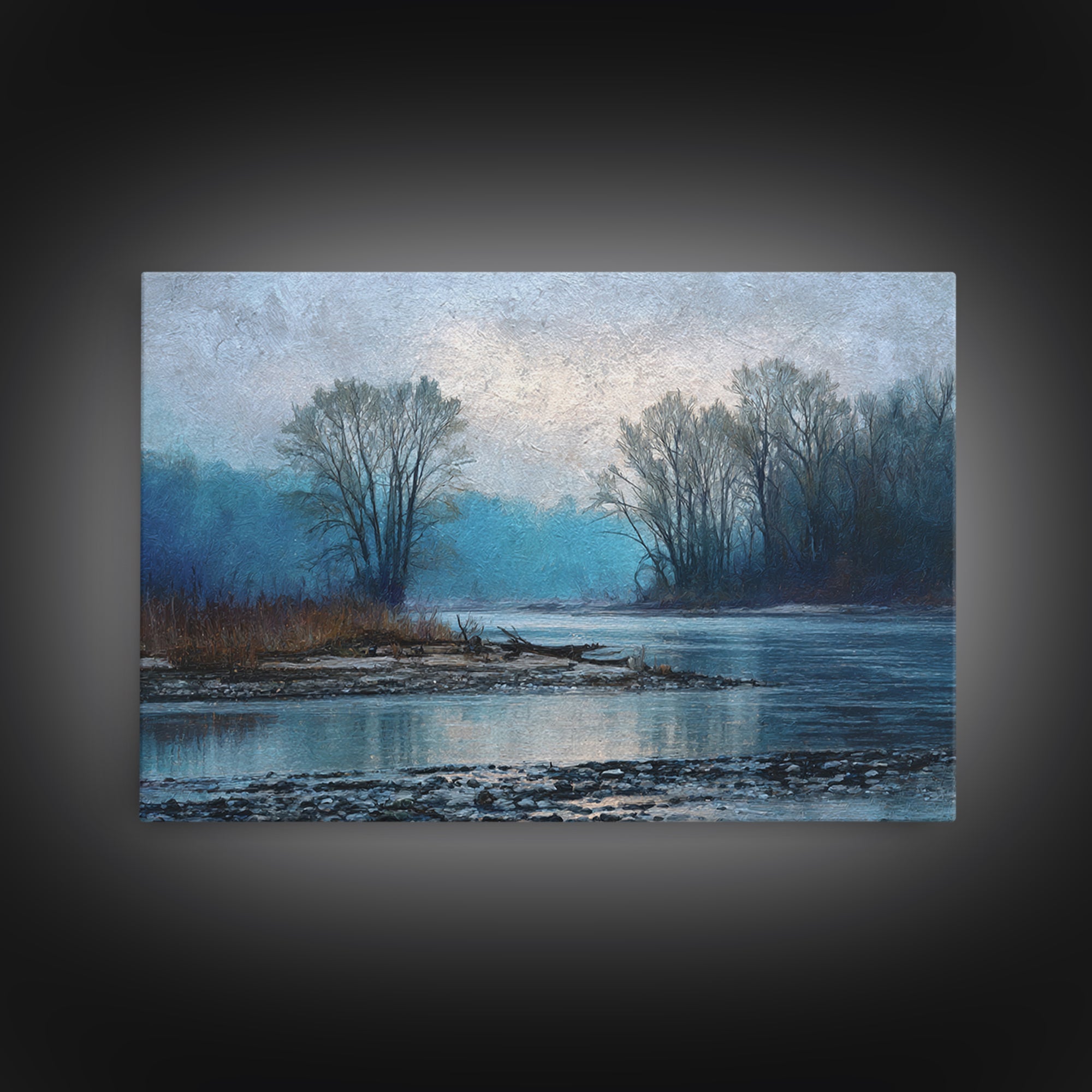 Misty Riverbank with Willow Trees Framed Canvas Print, Impressionist Art, Coastal Wall Art, Living Room Decor, Impression, IMP-3x2-15