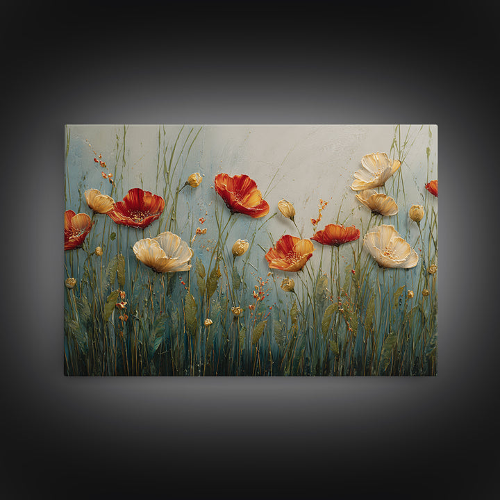 Poppies Blowing Through Green Grass Canvas Print, Impressionist Art, Landscape Painting, Living Room Decor, Watercolor Art, IMP-3x2-16