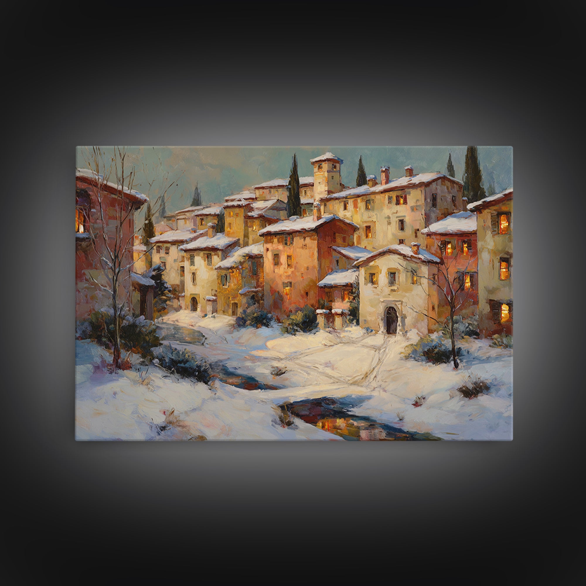 Snowy Village with Warm Glowing Windows Canvas Print, Impressionist Art, Gallery Wall Art, Living Room Decor, Impression, IMP-3x2-17