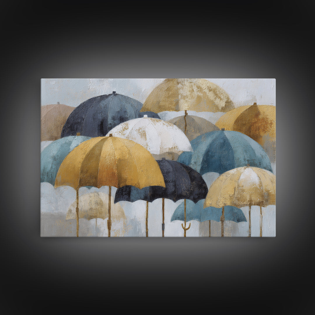 Rainy Boulevard with Umbrella Shapes Framed Canvas Print, Impressionist Art, Landscape Art, Living Room Decor, Impression, IMP-3x2-25