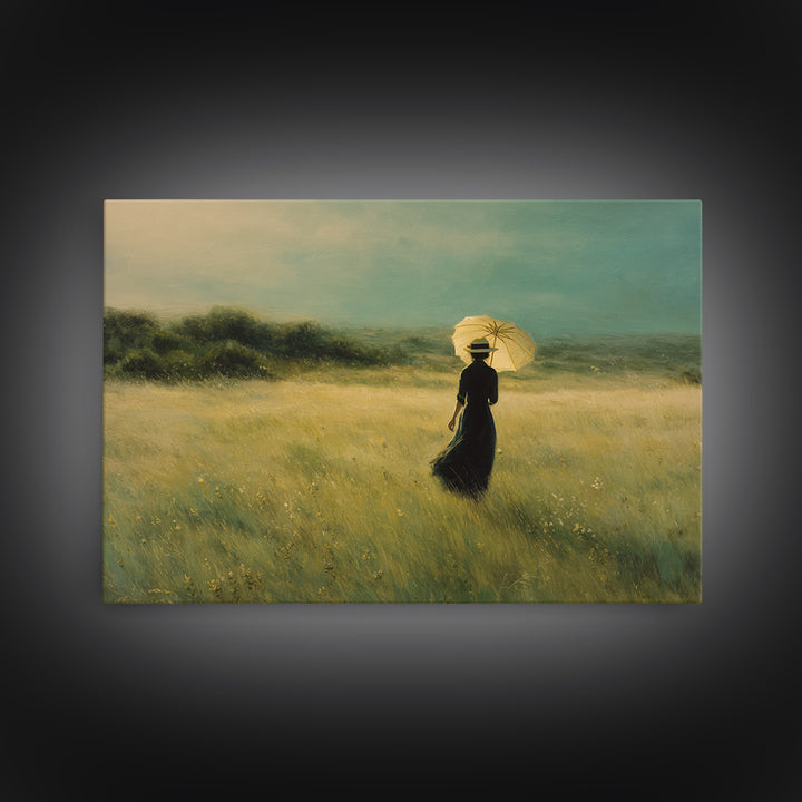 Woman with Parasol in Breezy Meadow Framed Canvas Print, Impressionist Art, Statement Artwork, Living Room Decor, Impression, IMP-3x2-31