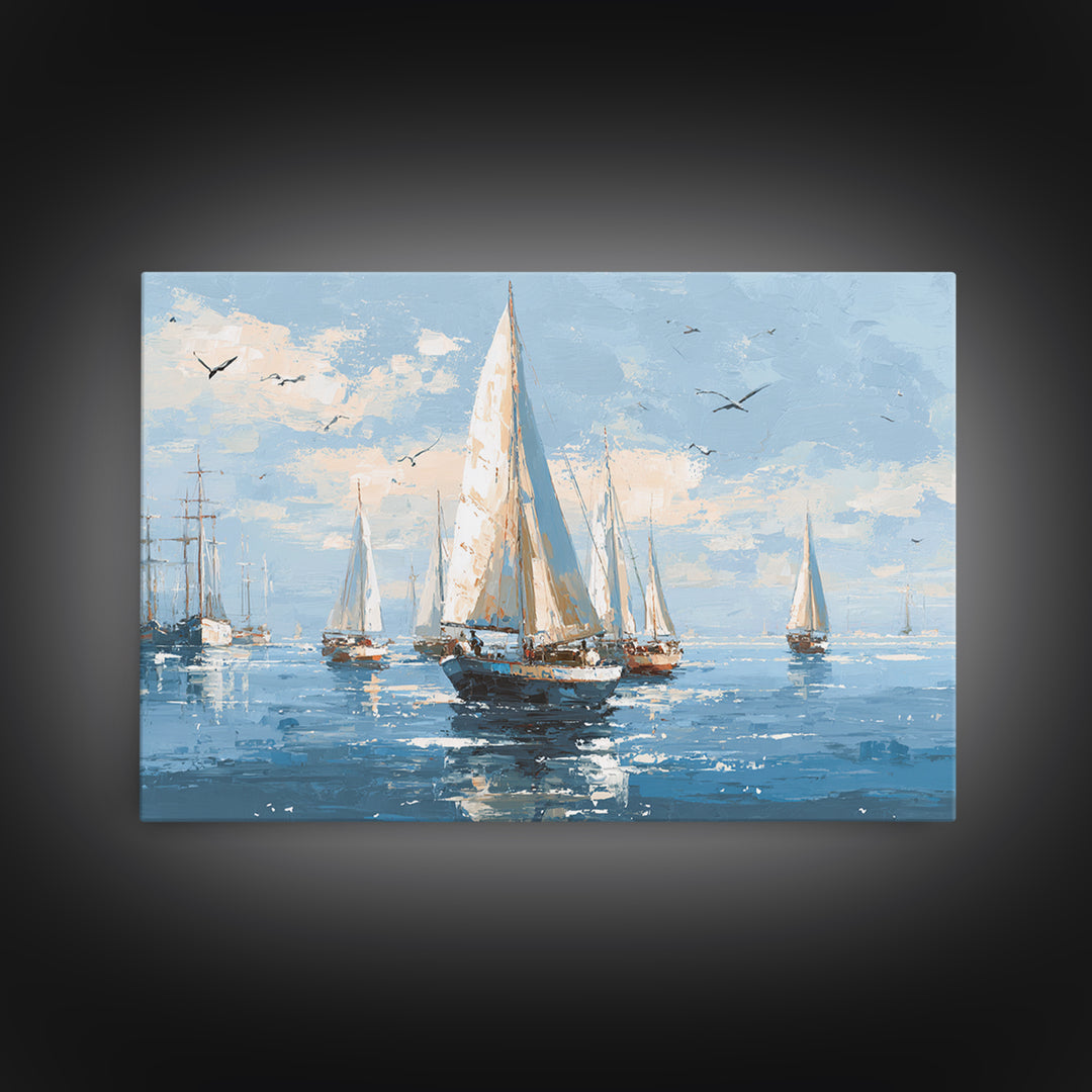 Sailboats on a Bright Sparkling Harbor Canvas Print, Impressionist Art, Living Room Art, Living Room Decor, Oil Painting, IMP-3x2-37