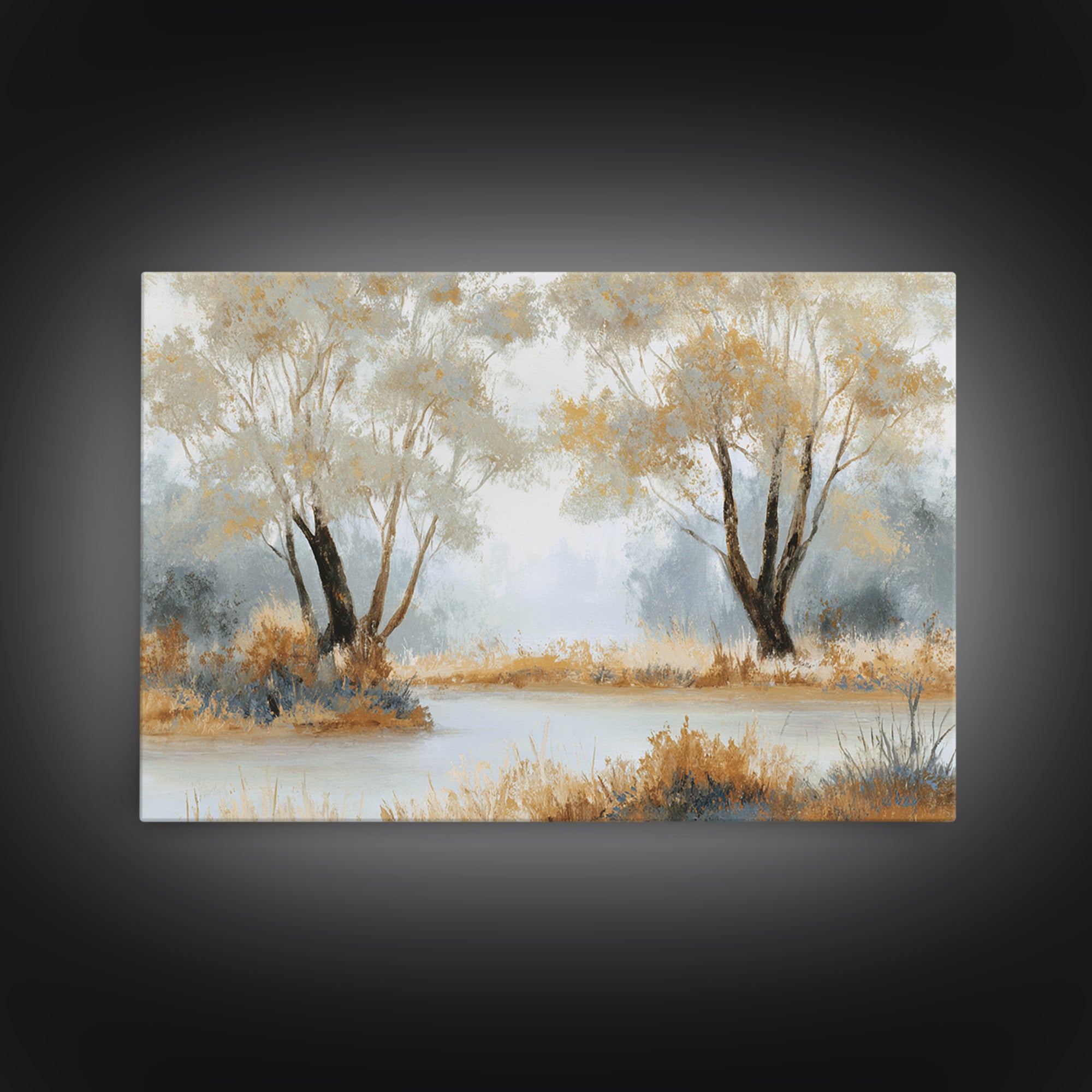 Misty Riverbank with Willow Trees Framed Canvas Print, Impressionist Art, Contemporary Art, Living Room Decor, Impression, IMP-3x2-39