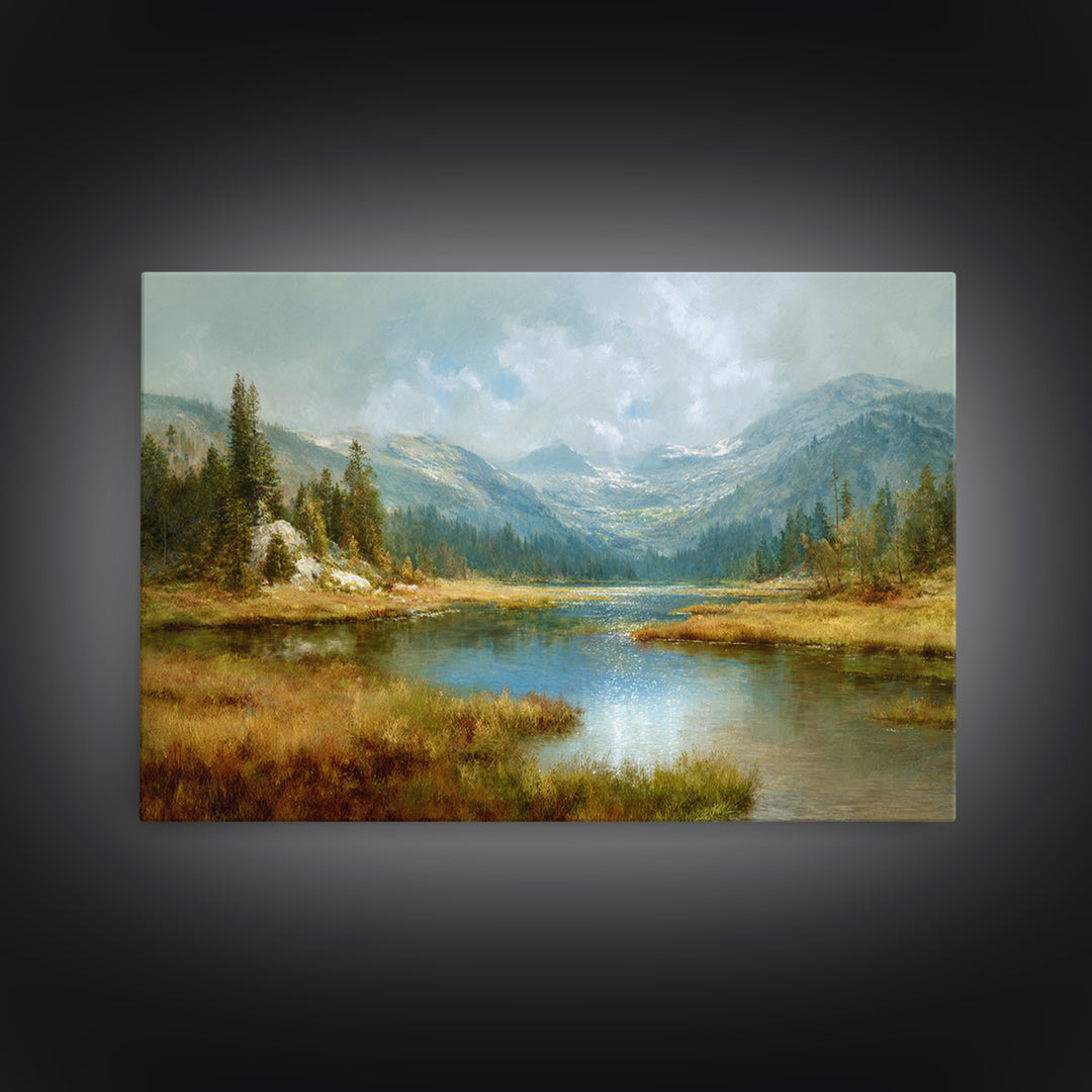 Mountain Lake with Sparkling Reflections Canvas Print, Impressionist Art, Horizontal Wall Art, Living Room Decor, Impression, IMP-3x2-4