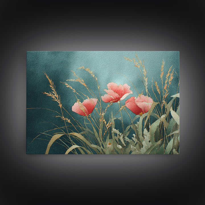 Poppies Blowing Through Green Grass Framed Canvas Print, Impressionist Art, Living Room Art, Living Room Decor, Oil Painting, IMP-3x2-40