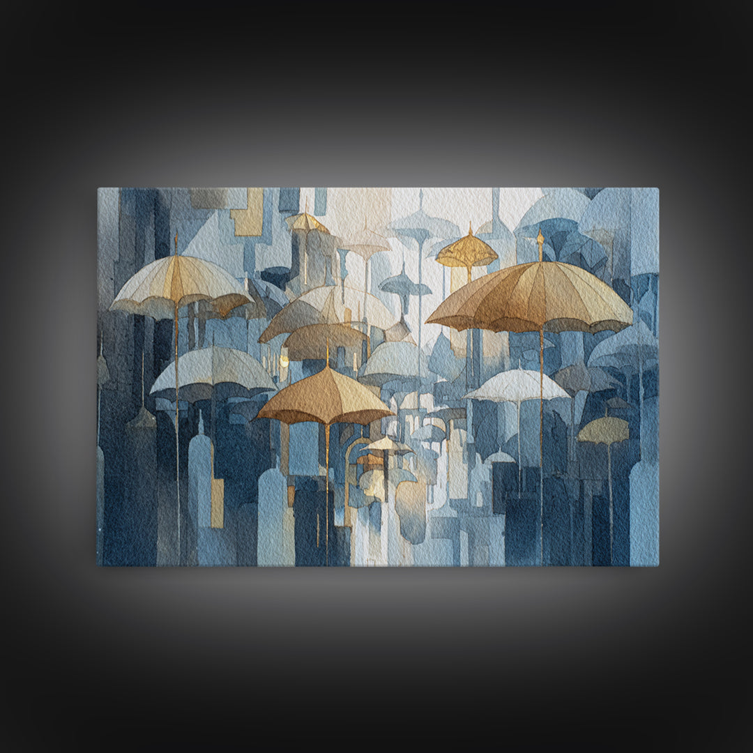 Rainy Boulevard with Umbrella Shapes Canvas Print, Impressionist Art, Neutral Decor, Living Room Decor, Fine Art, Impression, IMP-3x2-49