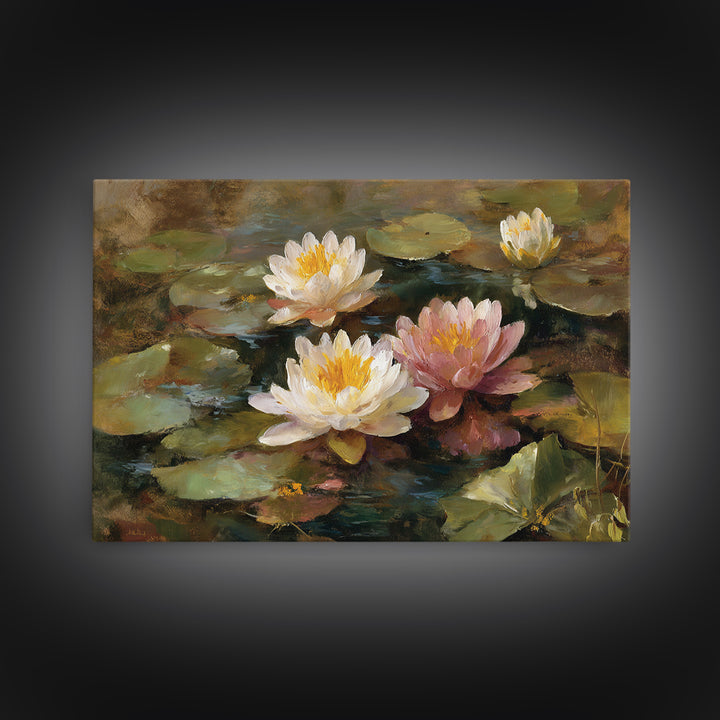 Water Lilies Floating on a Sunlit Pond Canvas Print, Impressionist Art, Colorful Wall Art, Living Room Decor, Impression, IMP-3x2-5