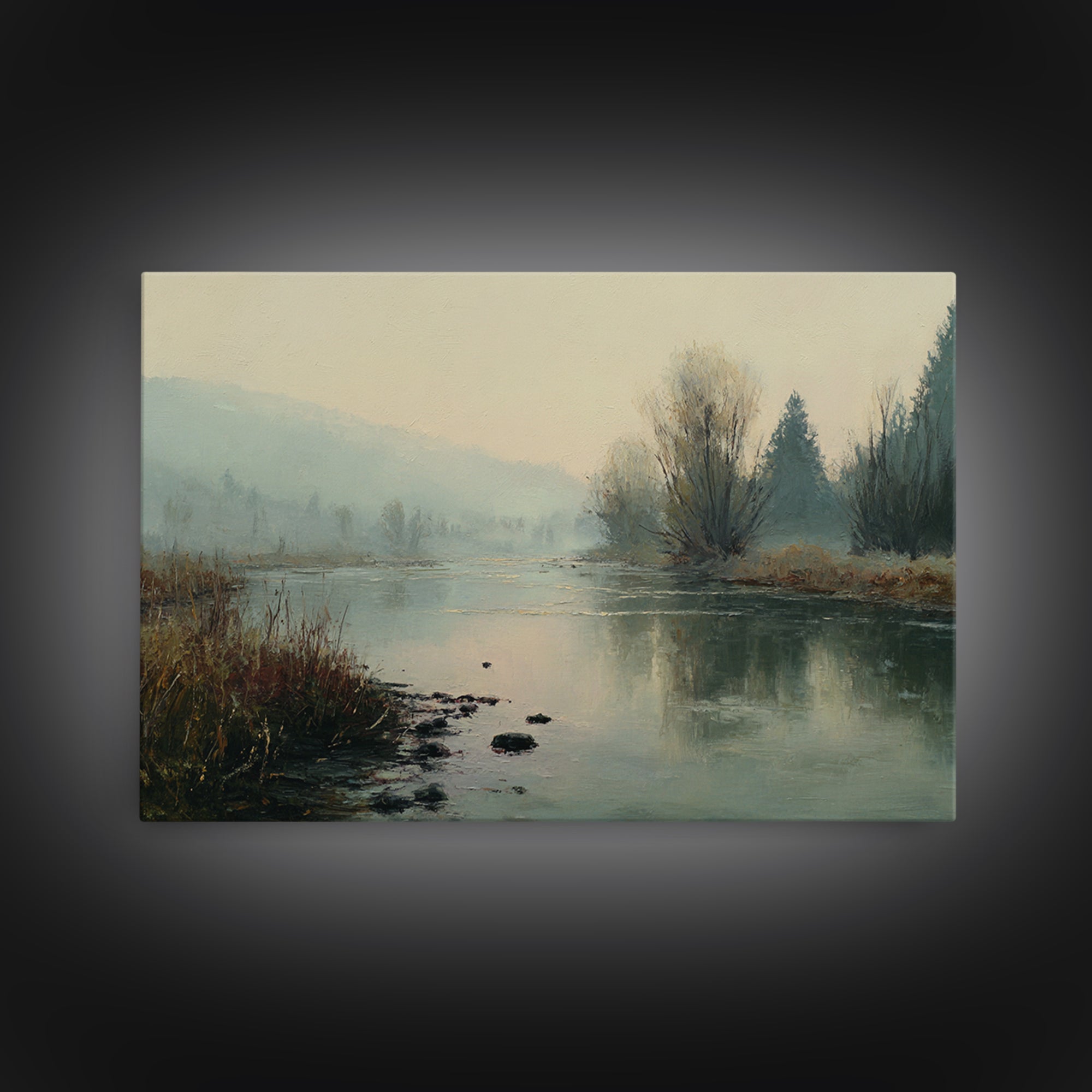 Misty Riverbank with Willow Trees Framed Canvas Print, Impressionist Art, Modern Art, Living Room Decor, Fine Art, Impression, IMP-3x2-63