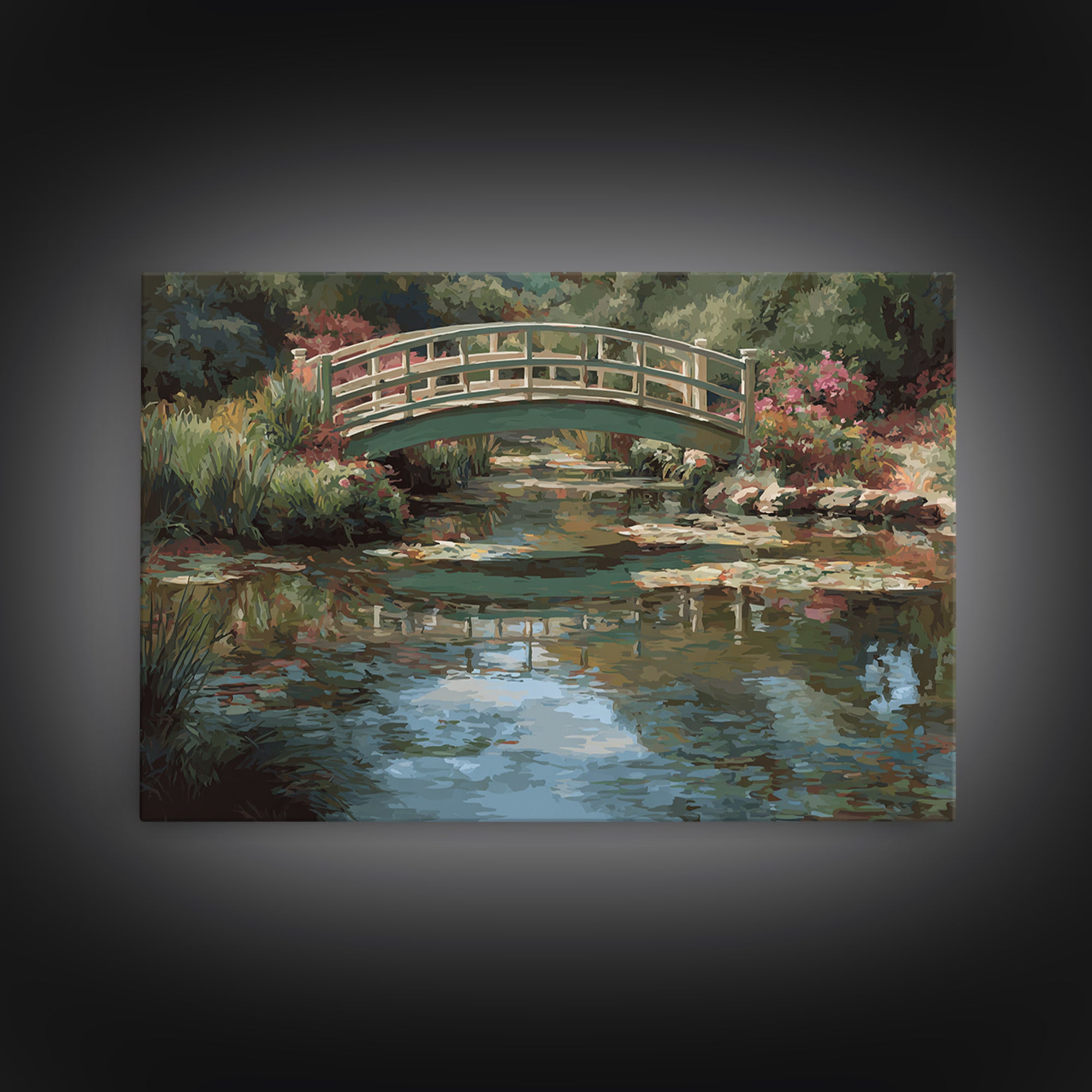 Water Garden Bridge Framed Canvas Print, Impressionist Art, Abstract Painting, Living Room Decor, Fine Art, Impression, IMP-3x2-70