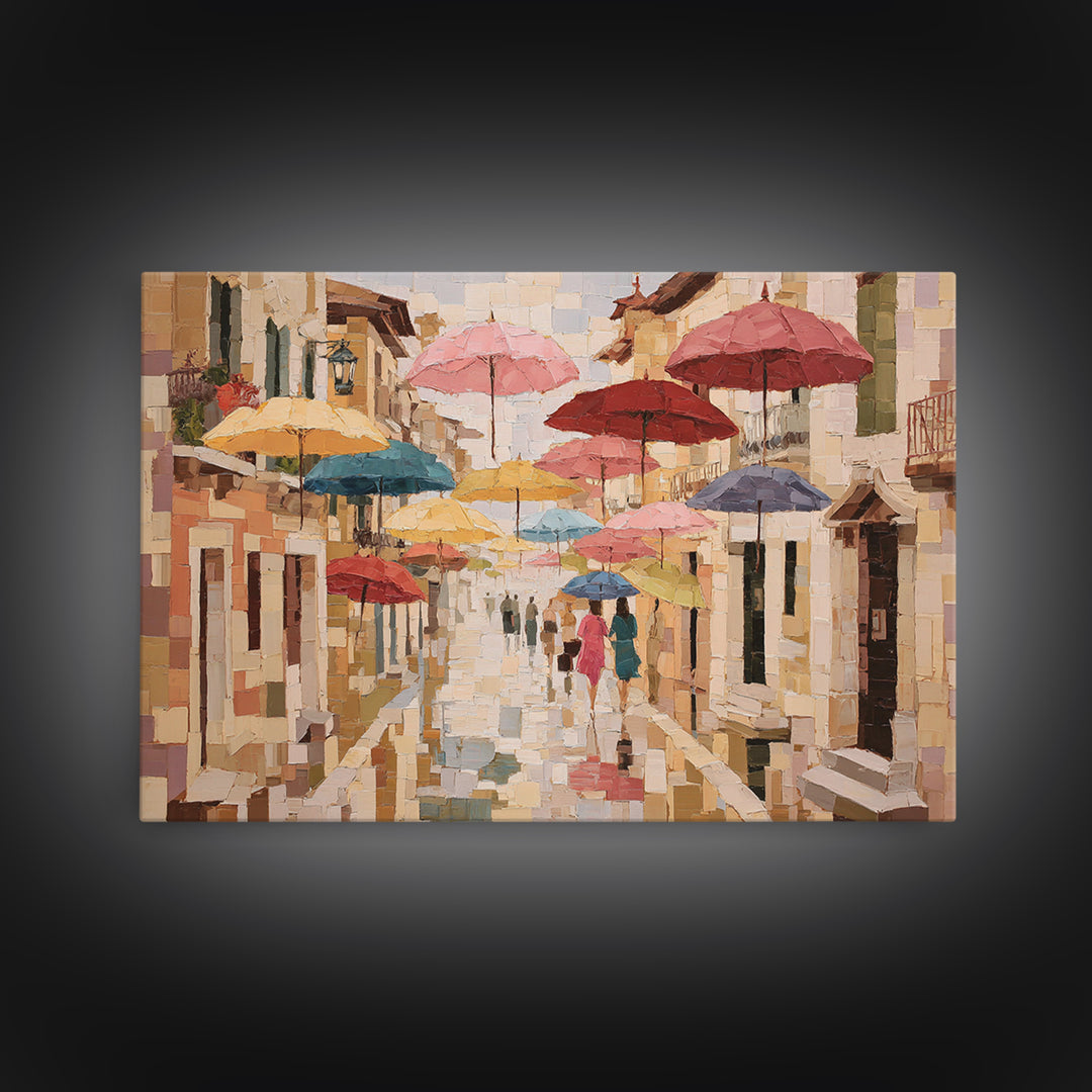 Rainy Boulevard with Umbrella Shapes Canvas Print, Impressionist Art, Neutral Decor, Living Room Decor, Fine Art, Impression, IMP-3x2-73