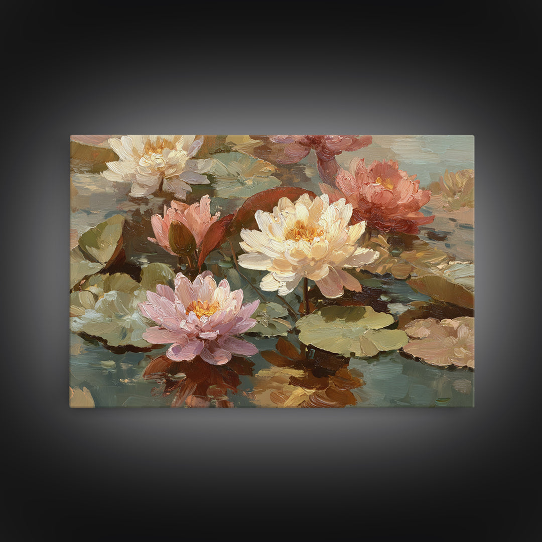 Water Lilies Floating on a Sunlit Pond Framed Canvas Print, Impressionist Art, Room Decor, Living Room Decor, Impression, IMP-3x2-77