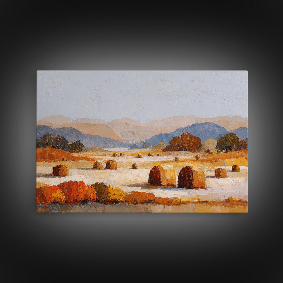 Haystacks Glowing at Golden Hour Framed Canvas Print, Impressionist Art, Floral Wall Art, Living Room Decor, Oil Painting, IMP-3x2-8