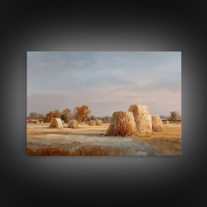 Haystacks Glowing at Golden Hour Framed Canvas Print, Impressionist Art, Living Room Decor, Watercolor Art, Impression, IMP-3x2-80