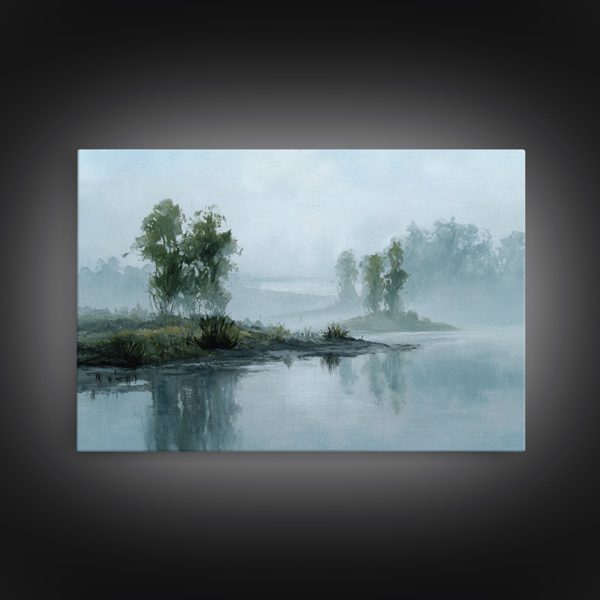 Misty Riverbank with Willow Trees Framed Canvas Print, Impressionist Art, Wall Decor, Living Room Decor, Fine Art, Impression, IMP-3x2-87