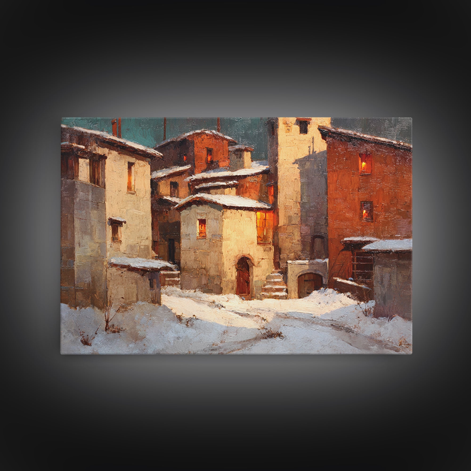 Snowy Village with Warm Glowing Windows Canvas Print, Impressionist Art, Boho Decor, Living Room Decor, Oil Painting, IMP-3x2-89