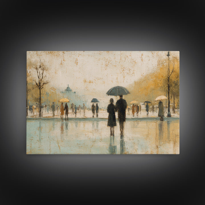 Rainy Boulevard with Umbrella Shapes Framed Canvas Print, Impressionist Art, Luxury Decor, Living Room Decor, Abstract Art, IMP-3x2-97