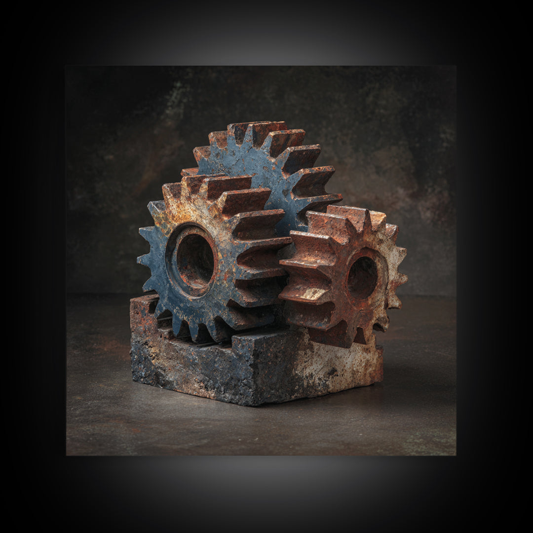 Rusted Gears Arranged as Sculptural Still Life Framed Canvas Print, Industrial Art, Room Decor, Living Room Decor, Foundry, IND-1x1-1