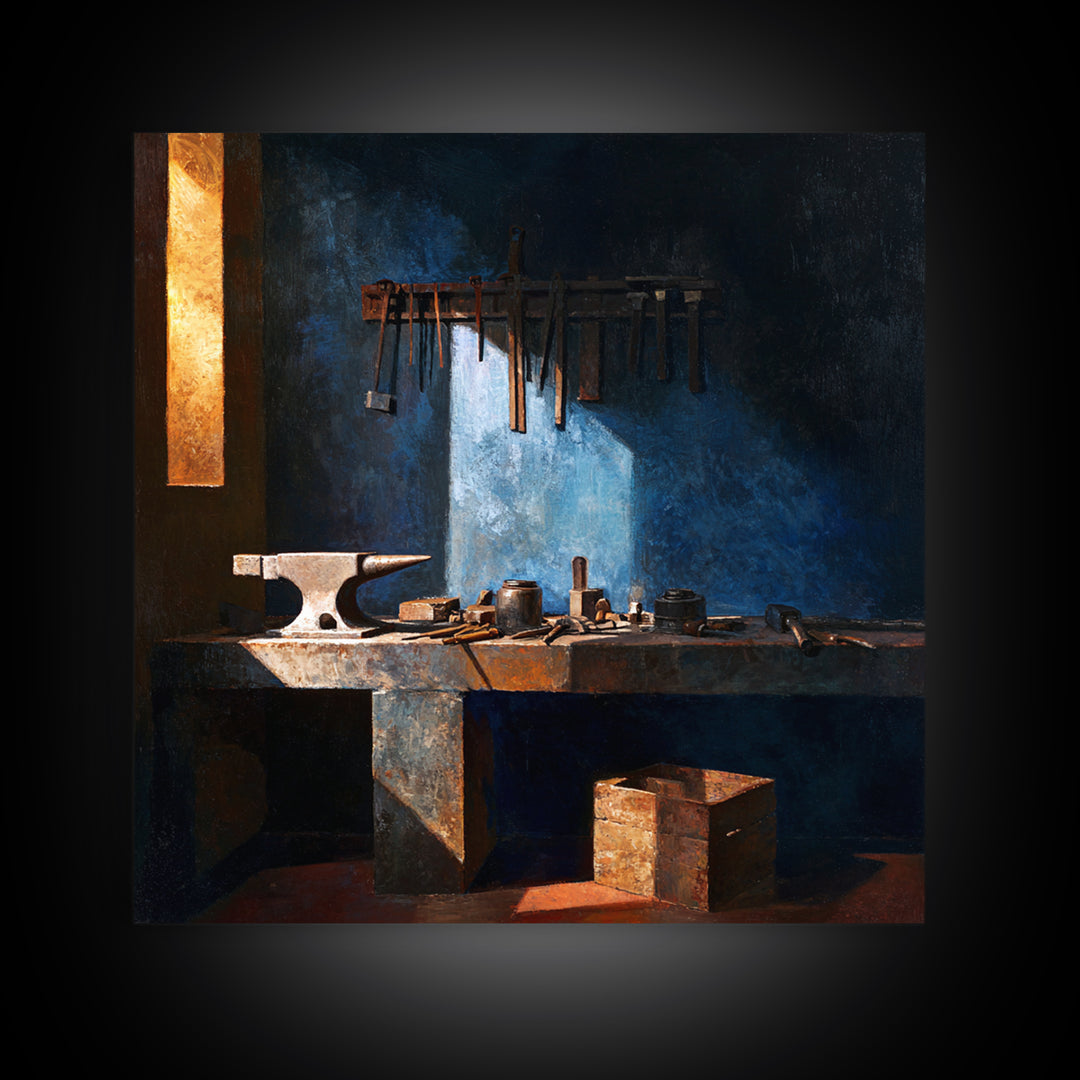 Blacksmith Tools on Dark Workbench Canvas Print, Industrial Art, Black and White Print, Living Room Decor, Fine Art, Foundry, IND-1x1-10