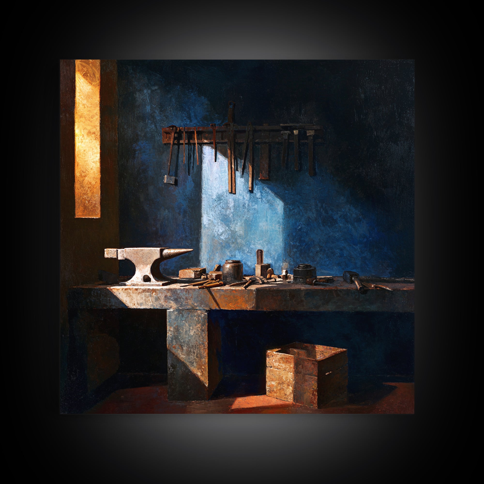 Blacksmith Tools on Dark Workbench Canvas Print, Industrial Art, Black and White Print, Living Room Decor, Fine Art, Foundry, IND-1x1-10
